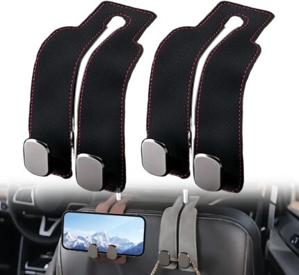Headrest Hooks for Car Car Seat Hooks for Headrest, 2026 Hooks for Purses and Bags Cute Car Purse Holder,Twinhook Leather Headrests Hangers Seat Back Organizers (Black-2pcs)