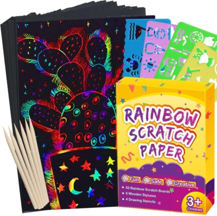 FUNNYB&G Rainbow Scratch Paper Art for Kids - 60 Pcs Magic Rainbow Scratch Paper Off Set Scratch Easter Crafts Arts Supplies Kits Pads Sheets for Party Games Valentine's Day Christmas Birthday Gifts