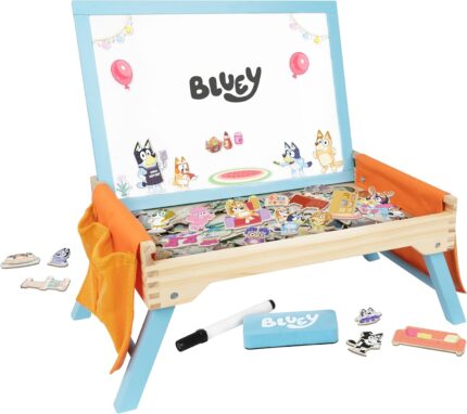 Bluey Art Creation Kids Art Station with 100 Magnets & Whiteboard Lid, Foldable Legs, Art Table for Kids, Storage Pockets