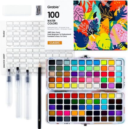 Grabie 100 Colors Watercolor Paint Set - 50 Regular, 35 Metallic, 10 Macaron and 5 Fluorescent Colors - Portable with Carrying Case, Water Brush Pens, and Accessories - For Beginners and Professionals