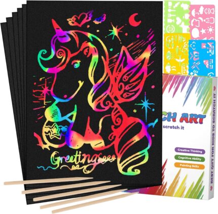 Mocoosy 60 PCS Rainbow Scratch Art Paper for Kids, Magic Scratch Paper Set Art Craft Supplies, Black Scratch Sheets Party Game Activities Birthday Easter Gifts for Girls Boys 3 4 5 6 7 8 9 Years Old