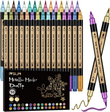 Metallic Marker Pens, 30 Colors Dual Tip Acrylic Paint Pens for Black Paper, Scrapbooking, Photo Album, Rock Painting, Paint Marker for DIY Arts & Crafts, Glass, Wood, Card Making, Scrapbook Supplies