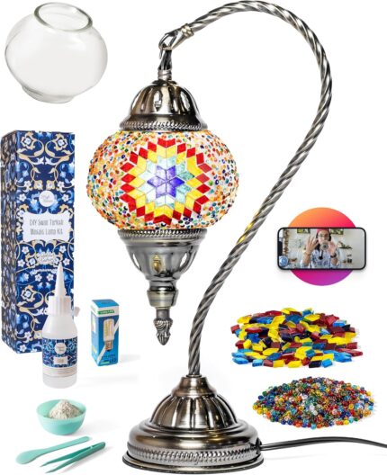 KRAFTSTORIES Turkish Mosaic Swan Neck Lamp Making Kit| DIY Colorful Glass Decorative Nightstand Table Light| Craft Kit |Make Your Own Lamp | Living Room Bedroom | Antique Bronze Base (Multicolor)