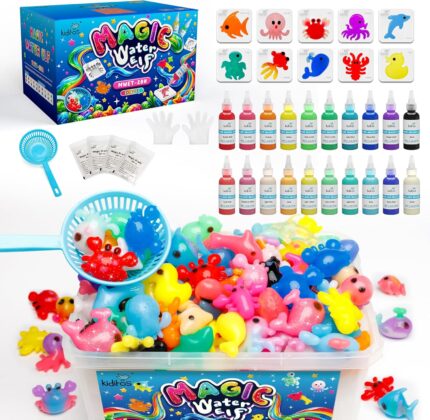 Kiditos Magic Water Elf Toy Kit – Squishies for Kids, 20 Gels & 10 Molds, Magic Gel Water Pets Sensory DIY Craft Kit, Party Favors & Gifts for Kids Ages 3+