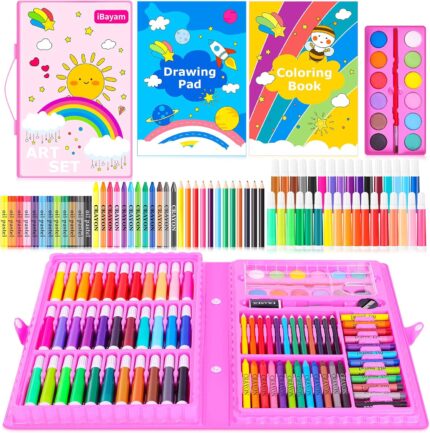 iBayam Art Supplies, 149-Pack Drawing Kit Painting Art Set Art Kits Gifts Box, Arts and Crafts for Adult, with Coloring Book, Crayons, Pastels, Pencils, Watercolor Pens (Pink)