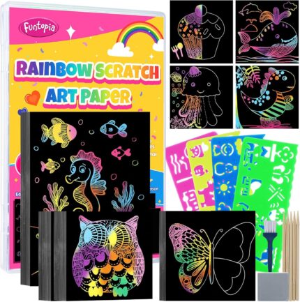 Scratch Art for Kids, Funtopia 100 Sheets Rainbow Scratch Paper, Black Scratch Off Paper Craft Kits, School Art Supplies Classroom Prizes Travel Toys Birthday Party Gifts, for Boys Girls ages 4-8 8-12