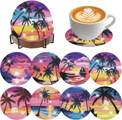 ijbnhd 8 Pcs Diamond Art Coasters Kits, Sunset Diamond Painting Coasters Kit with Holder, Diamonds Art Non Slip Coaster Crafts Kits for Adults Gifts 4x4 inch (Cork Wooden Pad)