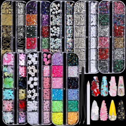 FANDAMEI Nail Charms, Nail Rhinestones Kit with 8 Boxes of Nail Gems, 3D Charms for Nails, Colorful Clear Flatback Rhinestones, Charms Y2K for Nails, Multi Shape Pearls Jewels for Crafts