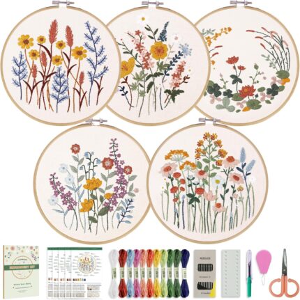CYANFOUR 5 Pack Beginner Embroidery Kit for Adults, Easy to Learn Floral Embroidery Patterns from Video & Instruction, Needlepoint Kits for Adults Include Embroidery Hoop, Colorful Threads, Tools