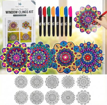 Hula Home Stained Glass Mandala Art Kit - DIY Window Clings with Markers, 10 Suncatchers - Perfect Hobby for Adults, Kids, Teens & Seniors - Ideal Gift for Beginners, Women & Elderly